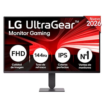 This image shows the front view of the LG UltraGear G4 27-inch gaming monitor, featuring IPS display with FHD (1920×1080) resolution, a 144Hz refresh rate, and 1ms MBR, emphasizing fast performance and smooth gameplay for gaming use.